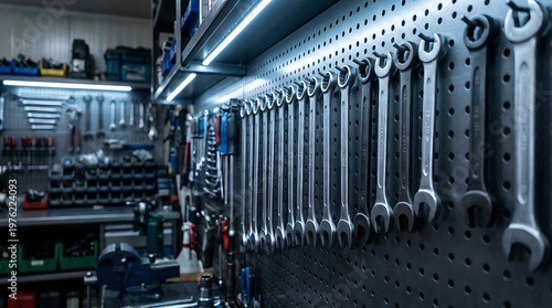 A Neat Row of Chrome Wrenches and Tools Hung on a Pegboard in a Well-Lit Workshop