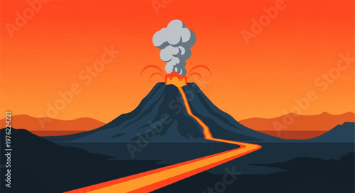 Volcano Eruption Illustration, Natural Disaster Lava Explosion Concept