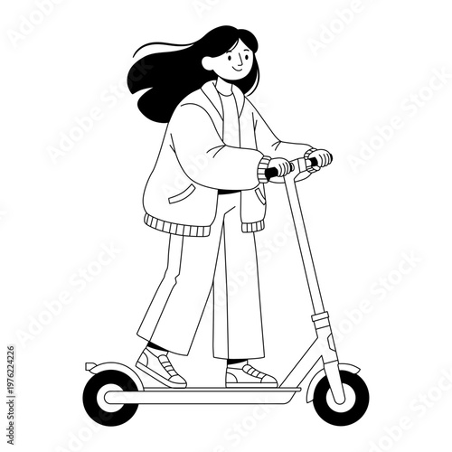 Young Woman Riding Electric Scooter in Casual Outfit Urban Commuting Line Art Illustration