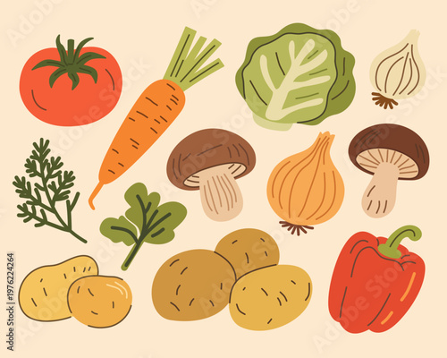 Vegetable collection with fresh organic icons in flat style for healthy food design modern minimal set
