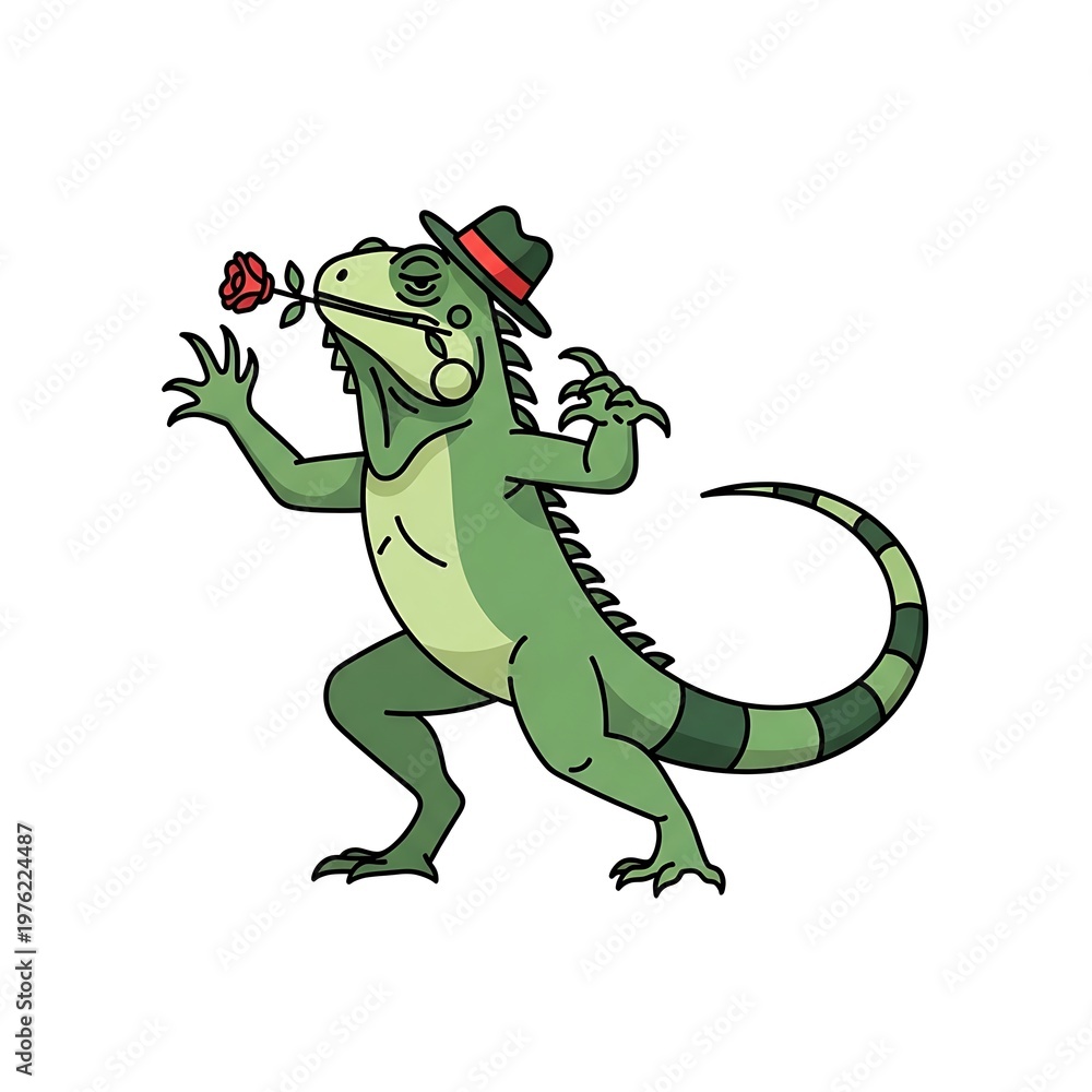 Fototapeta premium A cartoon-style iguana with a hat and a rose in its mouth, standing on its hind legs in a pose