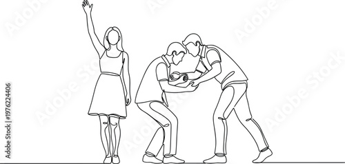 Continuous line drawing of family moment with parents and newborn baby minimalist outline illustration showing care love and parenting concept