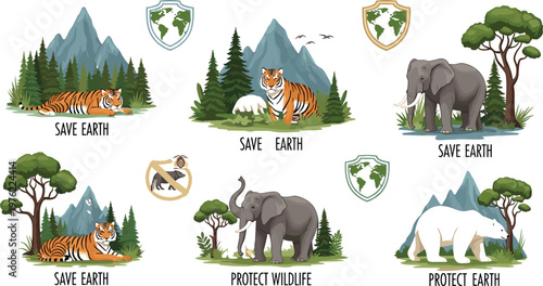Wildlife Conservation and Earth Protection Icons Set Featuring Tigers, Elephants, Polar Bears, and Environmental Protection Symbols