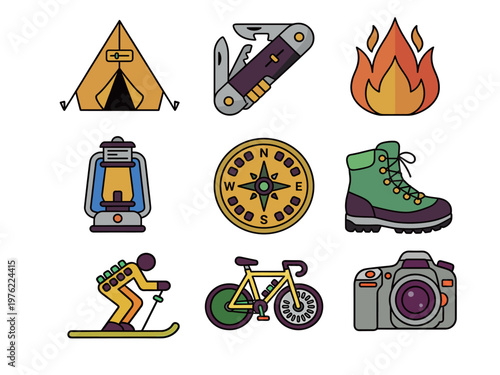 Outdoor Camping and Adventure Icons Set, Tent, Compass, Hiking Boots, Swiss Knife, Lantern and Mountain Sports Gear Vector Symbols Illustration