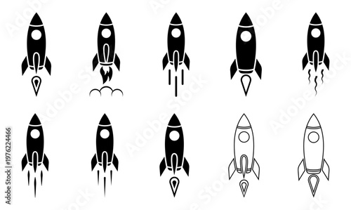 rocket launch space ship startup blast takeoff booster engine flame flight mission aerospace symbol isolated icons set for UI app web infographic design
