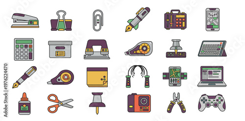 Set of Office Supplies and Electronics Icons, Stationery Items, Laptop, Calculator, Stapler and Tools Vector Illustration Isolated on White