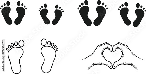 Footprint silhouette illustration, love connection artwork, family relationship design concept, heart hands symbol graphic, black white affection togetherness representation