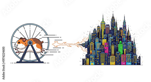 A colorful illustration of a hamster running on a wheel to power a vibrant city skyline