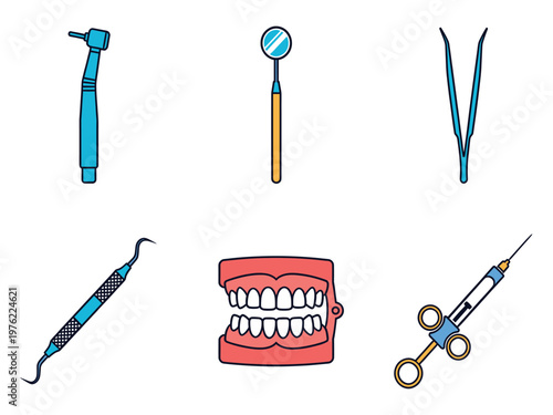 Stomatology and Dental Care Equipment Icons Set, Dentist Tools, Mirror, Drill, Syringe and Teeth Model Vector Illustration Isolated on White