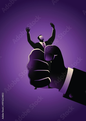 Small businessman being crushed by giant powerful hand fist symbolizing corporate power pressure.