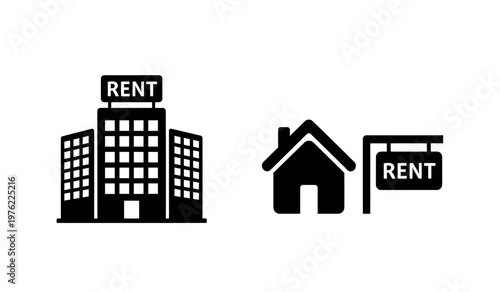 Real estate rental icons apartment building and house with 'for rent' signs