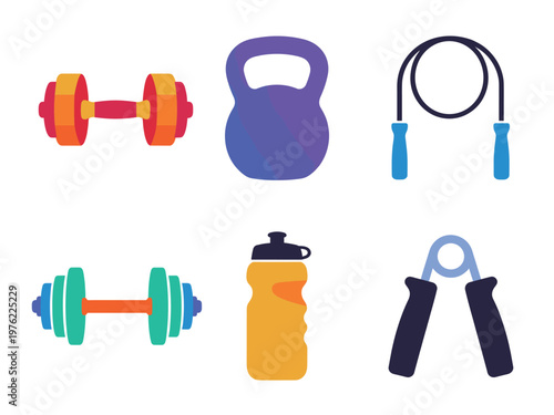 Fitness and Gym Workout Equipment Icons Set, Dumbbells, Kettlebell, Jump Rope and Water Bottle Vector Symbols Isolated on White Background