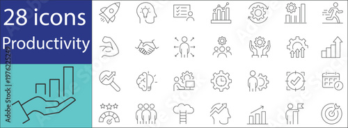 Productivity icon set featuring time management, task planning, workflow, efficiency, and organization symbols in modern flat vector style.