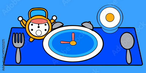 Table setting with alarm clock on blue background. Intermittent fasting concept
