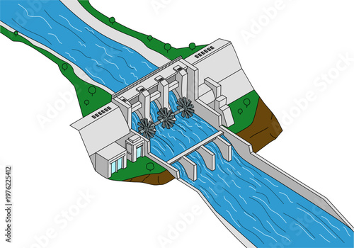 Technology dam harnessing water flow powers turbines generating strong energy for futuristic sustainable solutions in power generation visuals. Suitable for energy related designs.