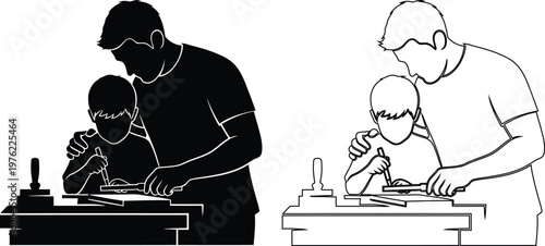 Adult Teaching Child Woodworking Skills At Bench With Tools