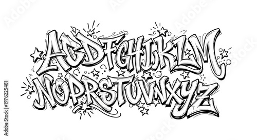 Graffiti Alphabet Art: Bold Letters with Stars and Splashes, Black and White