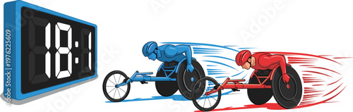 Illustration of male hair loss progression before and after alongside a competitive wheelchair racing event with digital timer vector