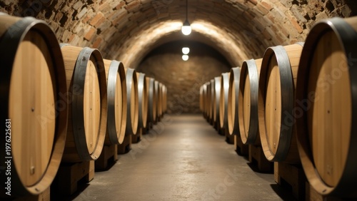 Row of wooden wine barrels stored in a dimly lit cellar, perfect for use in food and beverage, hospitality or agriculture related projects