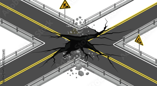 Vector Illustration of a Broken Road at an Intersection with Warning Signs for Hazardous Areas