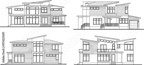 Modern Residential House Elevation Set Vector Illustration Featuring Contemporary Home Facade Architecture Exterior Design Technical Drawing Collection Concept
