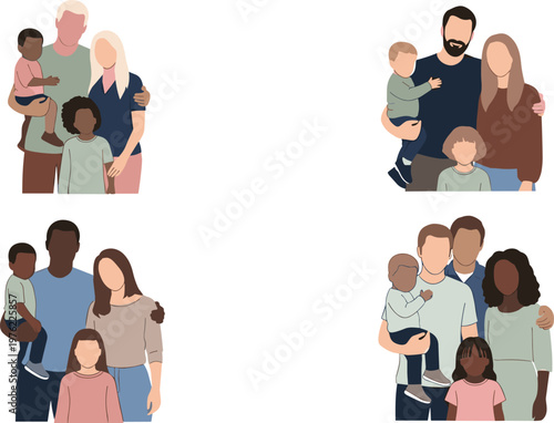 Diverse family portraits flat vector illustration set with parents and children hugging together multicultural characters isolated on light background