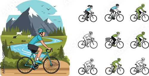 Cycling Adventure Set Featuring Mountain Biking, Racing Cyclist Icons, and Scenic River Ride for Outdoor Sports and Cycling Enthusiasts