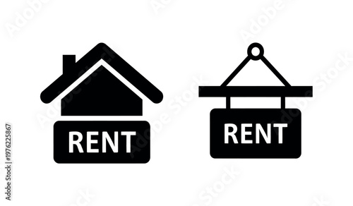 Black and white real estate icon house with 'rent' signage displayed