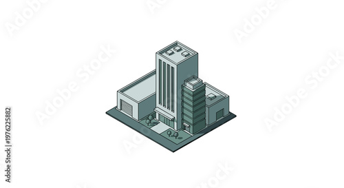 Isometric view of a modern office building complex with multiple structures.