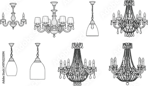 Classic Chandelier and Pendant Ceiling Lamp Collection Vector Illustration Featuring Decorative Lighting Fixtures for Interior Design and Home Decor Projects