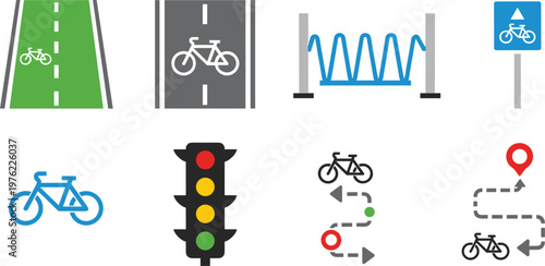 Cycling Path and Route Icons Set Featuring Bicycle Lane, Traffic Signals, and Cycling Route Navigation for Cycling Infrastructure and Road Safety