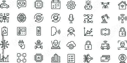 Artificial intelligence smart systems outline icon set for automation robotics analytics interfaces applications dashboards and connected digital technology platforms