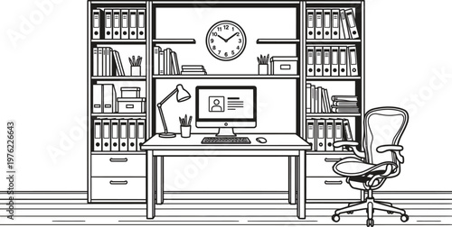 Vector illustration of an office workspace with a computer, chair, and bookshelves