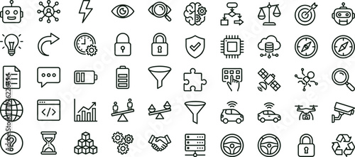 Artificial intelligence automation technology outline icon set for analytics dashboards applications interfaces workflow robotics decision systems and smart digital platforms