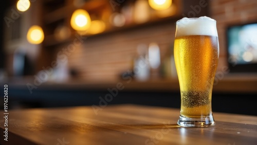 A glass of beer sits atop a wooden table