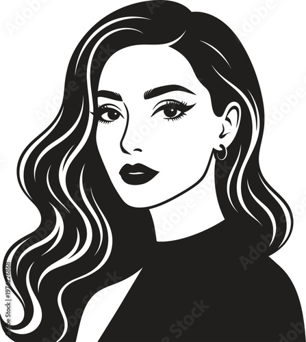 Stylish woman with long wavy hair and makeup in a modern vector graphic illustration