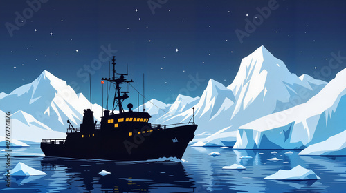 Icebreaker ship navigating through icy waters under starry night  