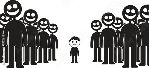 A sad child isolated between two groups of uniformly happy stick figures.