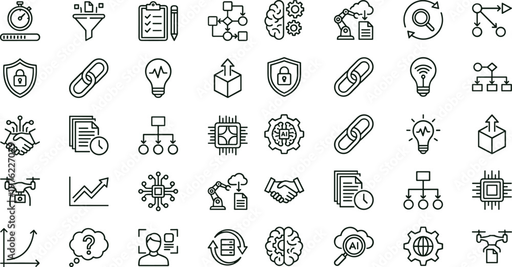 Naklejka premium Artificial intelligence workflow automation outline icon set for analytics dashboards applications interfaces presentations smart digital process integration systems