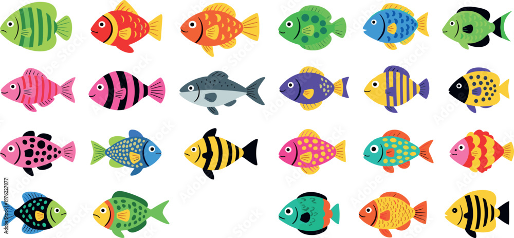 Fototapeta premium Colorful Tropical Fish Collection with Various Patterns and Shapes, Cute Cartoon Marine Animals Set for Aquarium, Ocean and Underwater Design