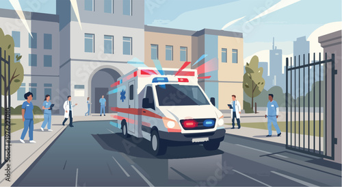 Ambulance with Flashing Lights Arriving at Hospital Building Entrance, Medical Staff and Doctors Waiting for Patient Emergency Concept Illustration