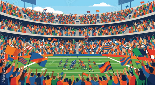 American Football Match in Packed Stadium with Enthusiastic Fans Cheering, Players on Field During Game Day, Sport Event Illustration with Vibrant Crowd and Flags