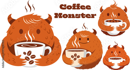 Coffee Monster Icons, Vector Coffee Creatures, Cartoon Caffeine Symbols, Brown Beverage Characters
