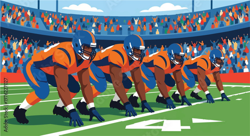 American Football Players in Defensive Line Stance on Field Stadium Background, Professional Athletes in Orange and Blue Uniforms Ready for Action Kickoff, Vector Flat Illustration