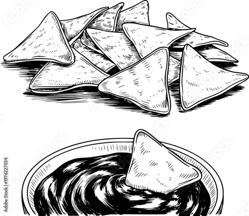 Black and White of Tortilla Chips Stacked and Dipping into Dark Sauce nachos snack