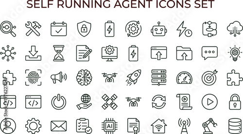 Self running artificial intelligence agent outline icon set for automation dashboards applications interfaces presentations workflow management and smart digital systems