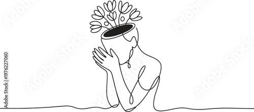 A continuous line drawing of a person with flowers growing from their head.