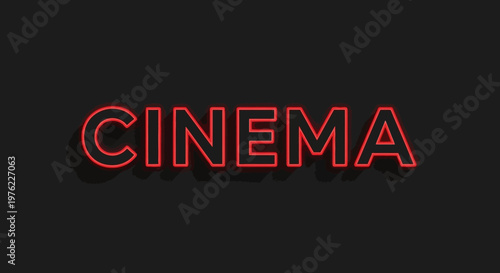 Neon CINEMA Text Sign Glowing Red on Dark Background, Retro Movie Theater Marquee Light