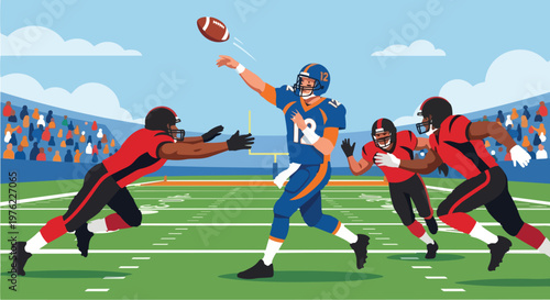 American Football Quarterback Throwing a Pass During a Competitive Stadium Game with Defensive Players Charging in a Flat Vector Illustration Style