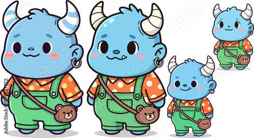 Cute monster characters, blue creatures with horns, green overalls, cartoon illustrations, vector set